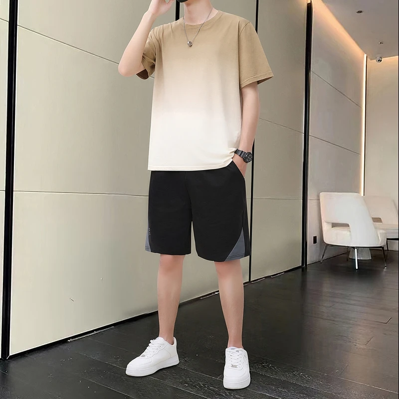 Fashion O-Neck Printed Short Sleeve Casual Gradient Men's Sets 2024 Summer New Loose All-match Elastic High Waist Shorts Sets