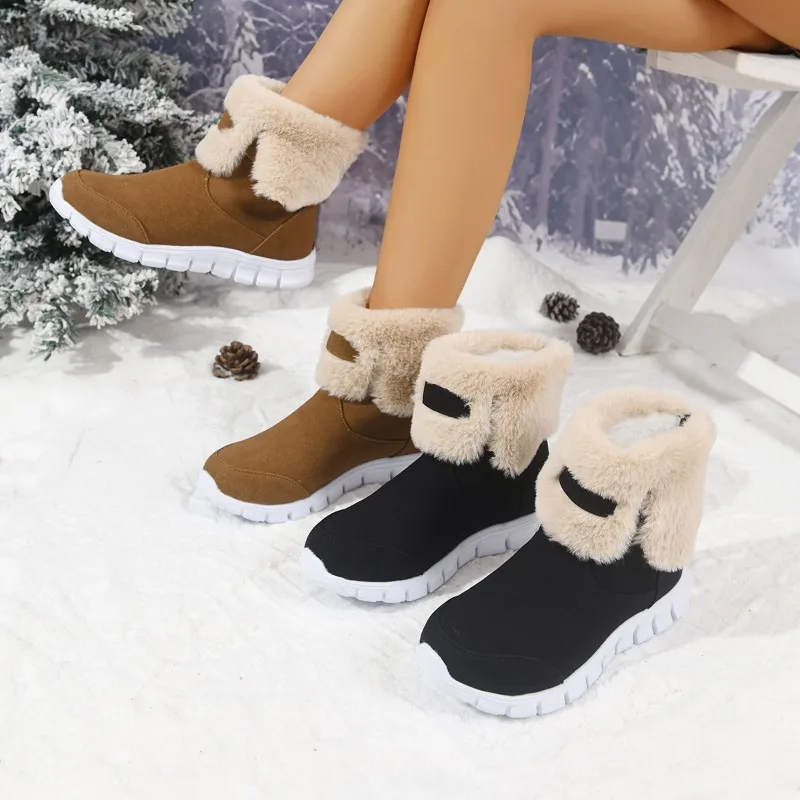

2025 Fashion Fluffy Snow Boots for Women Winter Warm Thick Plush Cotton Woman Comfort Slip on Flat Ankle Boots