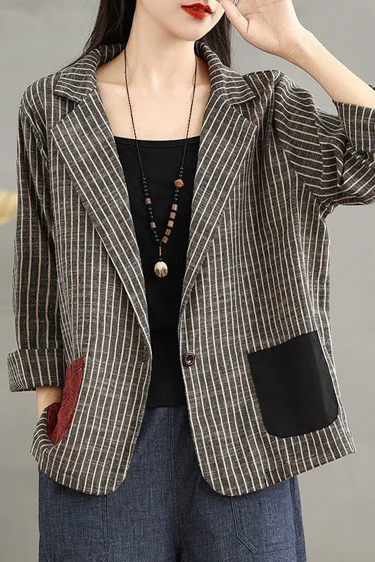 Retro Contrasting Color Splicing Striped Blazer Women's Autumn Design Sense Niche Casual Versatile Suit Top Trendy Suit Jacket