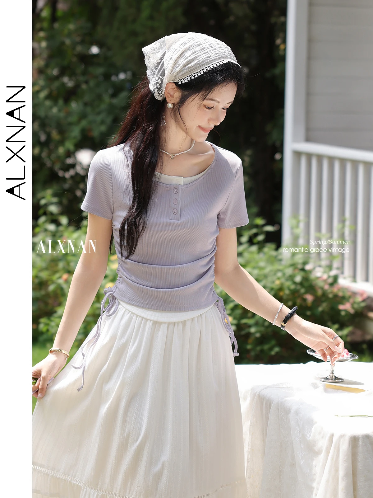 ALXNAN Plus Size Women's T-shirt Purple Elegant Short Sleeve T-shirt 2025 Summer Round Neck Drawstring Waist Tops Ladies D10588