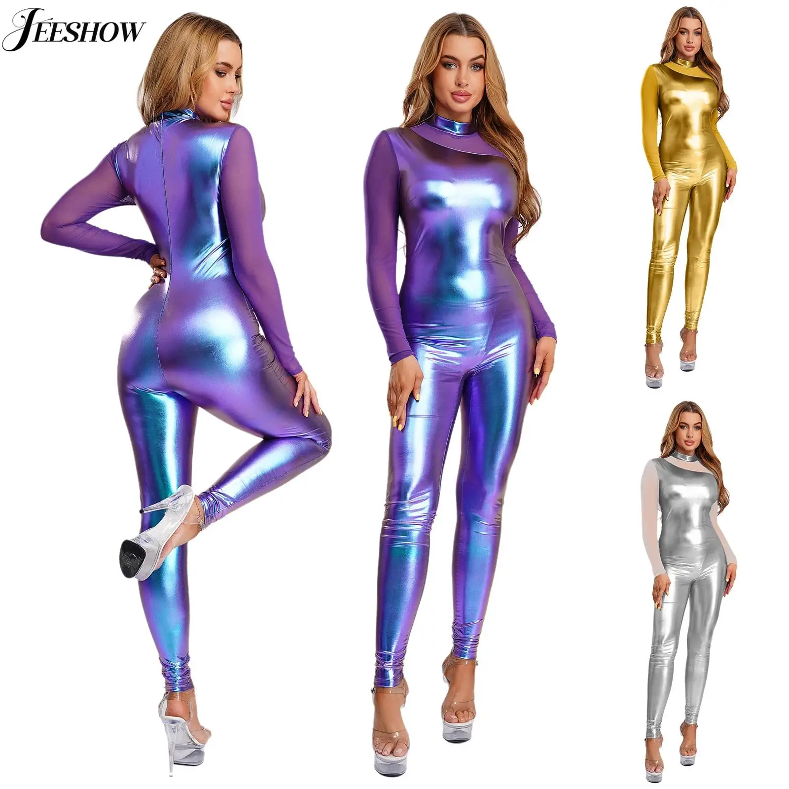 

Womens Shiny Metallic Slim Fit Jumpsuit Sheer Mesh Patchwork Long Sleeve Back Zipper Full Length Leotard Unitard Rave Clubwear