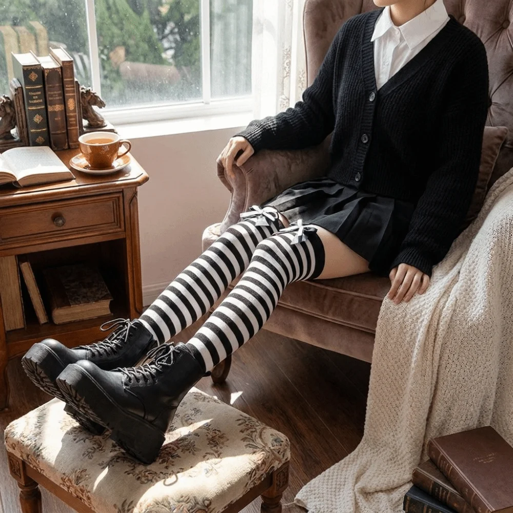 Colorful Over Knee Socks Sweet Bow Accent Christmas Striped Stockings Breathable Preppy style Thigh High Stockings Christmas