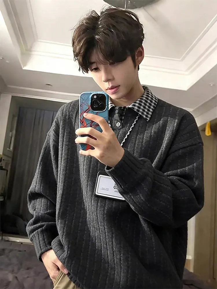 American Retro Striped Patchwork  Shirt Hoodie Men's Loose Design Collar Lazy Base Shirt Autumn Winter Casual Style
