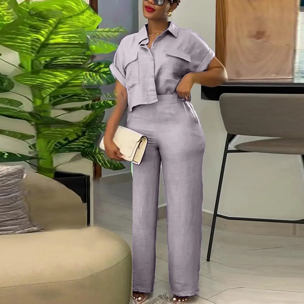 Women Commute Suit Stylish Women's Shirt Pants Set Turn-down Collar Single-breasted High Elastic Waist Wide Leg Straight Ol