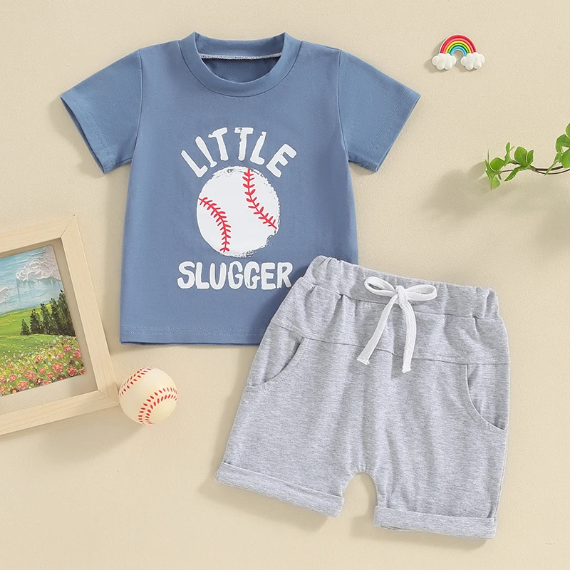 Toddler Baby Boy Summer Outfit Round Neck Short Sleeve Baseball Print Top Elastic Shorts Cute Infant Newborn Clothes