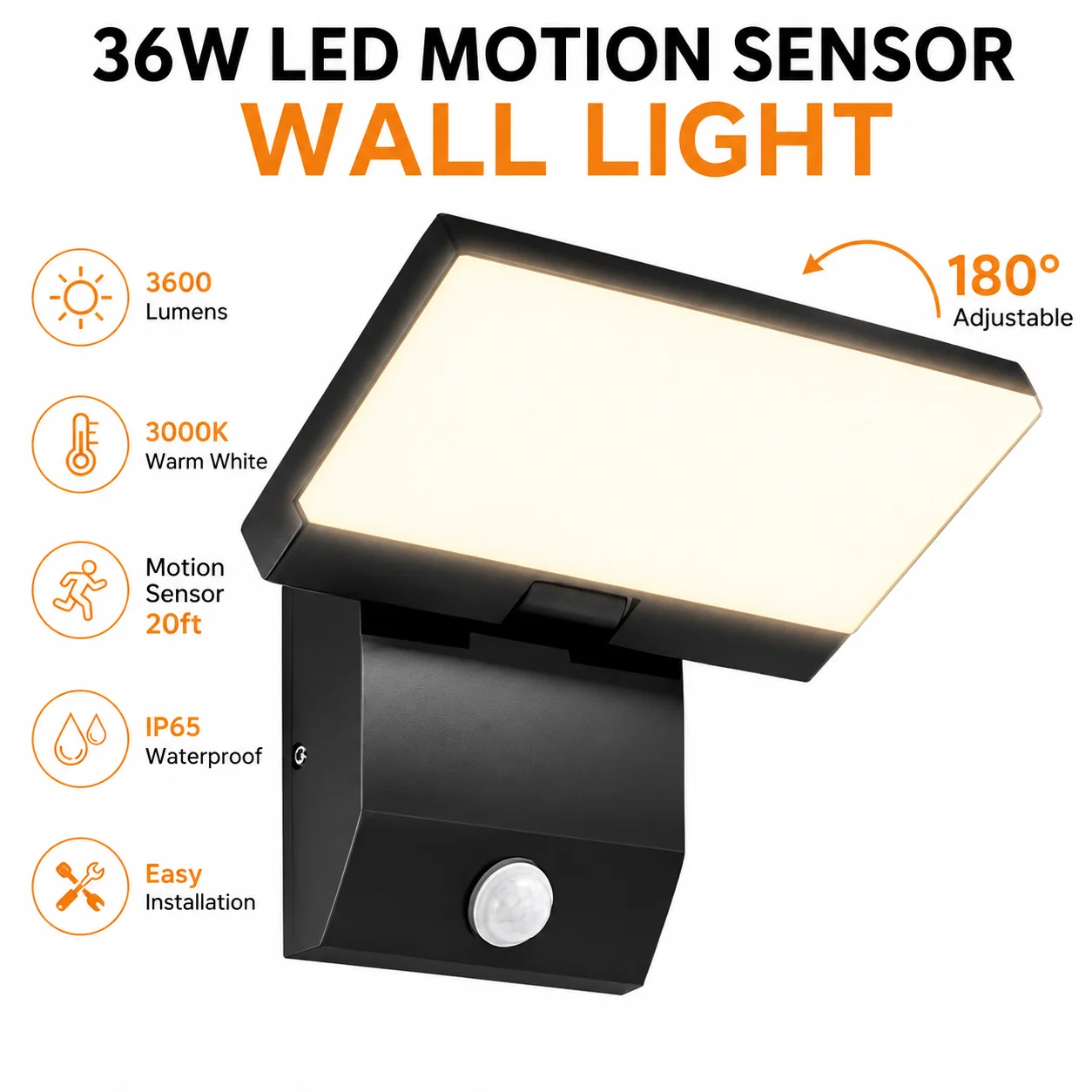 Blossom IP65 Wasserdichte PIR-Bewegungssensor-LED-Außenwandleuchte 36W 3600LM 3000K Warmweiß 180 ° Drehbare Sicherheits-Wandleuchte aus Aluminiumlegierung für Eingangsbereich, Balkon, Garten, Flur,