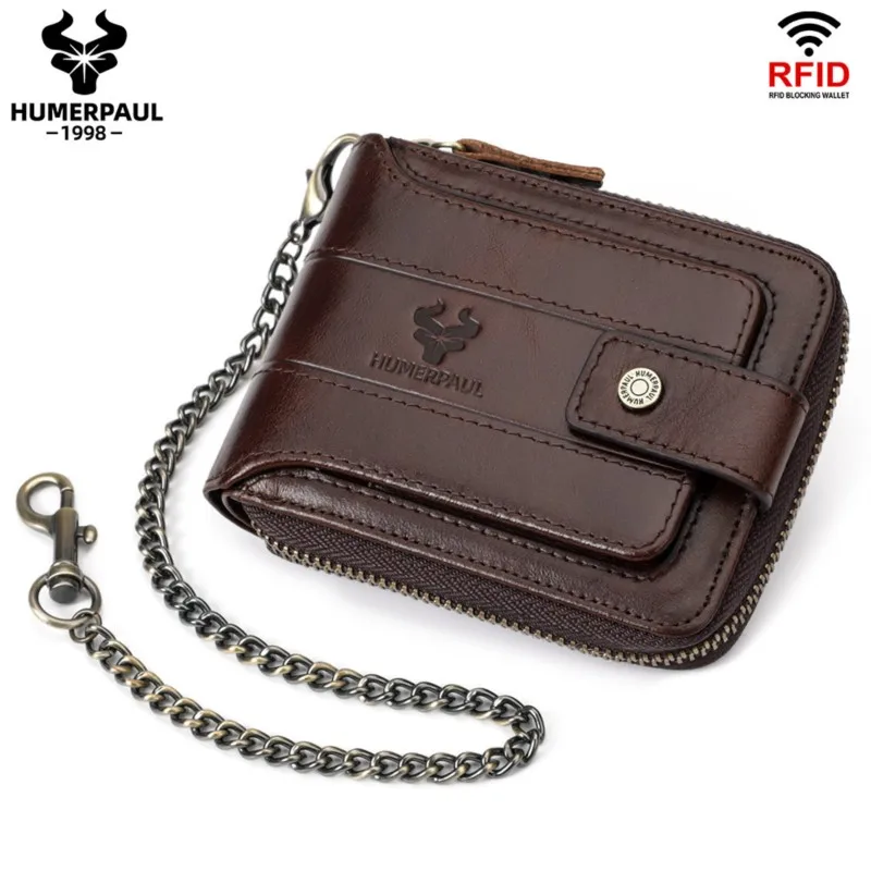 Luxury Genuine Cowhide RFID Blocking Wallet for Men Multi-Slot Anti-Theft Zipper Card Holder Billetera De Hombres cartera hombre