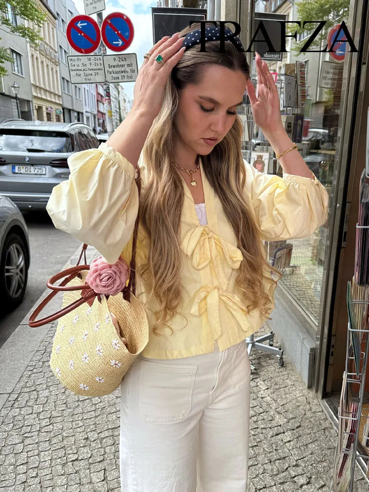 

TRAFZA Women's Summer Thin Fashion V-neck Poplin Short Shirt Female Versatile Elegant Bow Lace-up 3-Color Casual Cardigan Top
