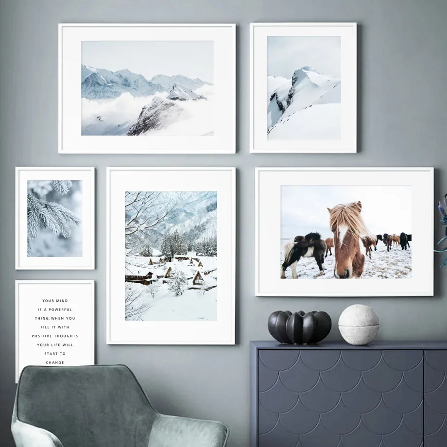 

Winter Snow Scene Village Pine Forest Smog Wild Horse Mountains Art Canvas Nordic Posters Prints Wall Pictures Living Room Decor