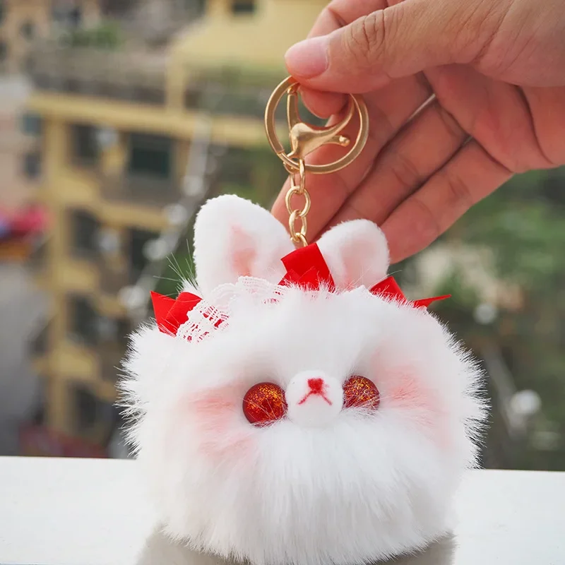 1 Pcs Cartoon Kawaii Bow Rabbit Head Plush Toy Keychain Charm Super Cute Ins Rabbit Schoolbag Charm Children's Birthday Gifts