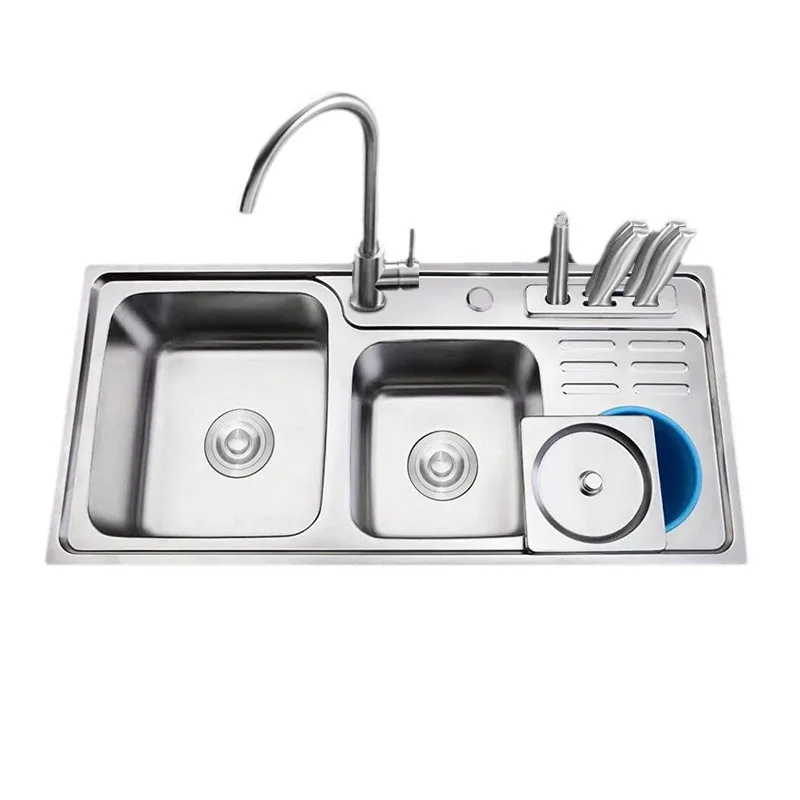 Direct sales with knife holder with trash can double sink 201 stainless steel dishwasher polished 304 kitchen sink