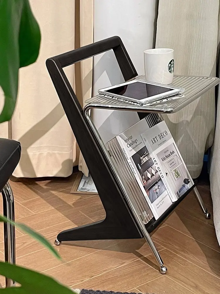 Light Luxury Mobile Black Tea Side Table In Retro Floor Small Table Sofa Bedside Table Shelves Creative Glass Bookshelf