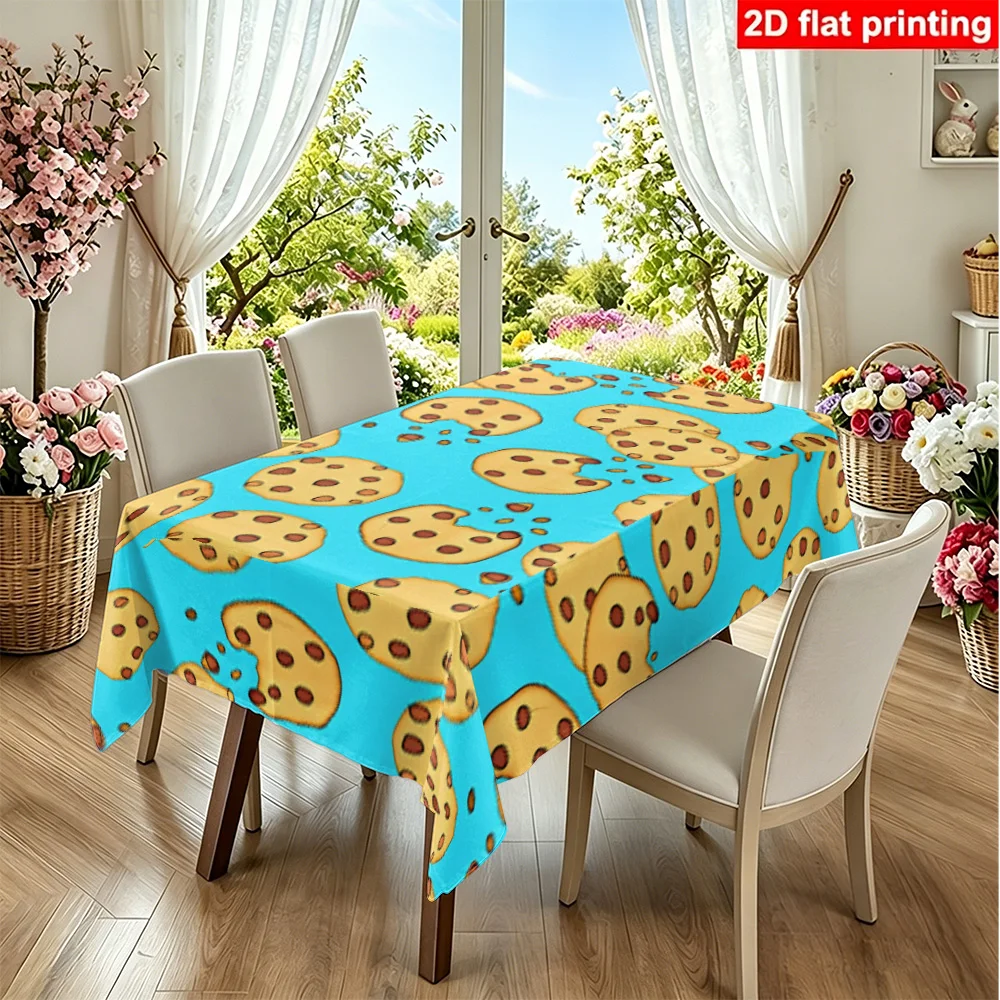 1PC Rectangular table runner with a cute cookie print on a bright blue background, made of durable polyester fabric, perfect for