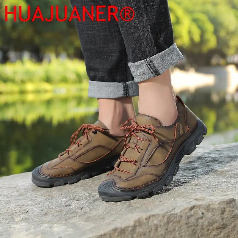 Zapatos de senderismo de alta calidad para hombre, zapatillas de deporte informales, calzado clásico de ocio para caminar al aire libre, zapatos planos sólidos hechos a mano con cordones