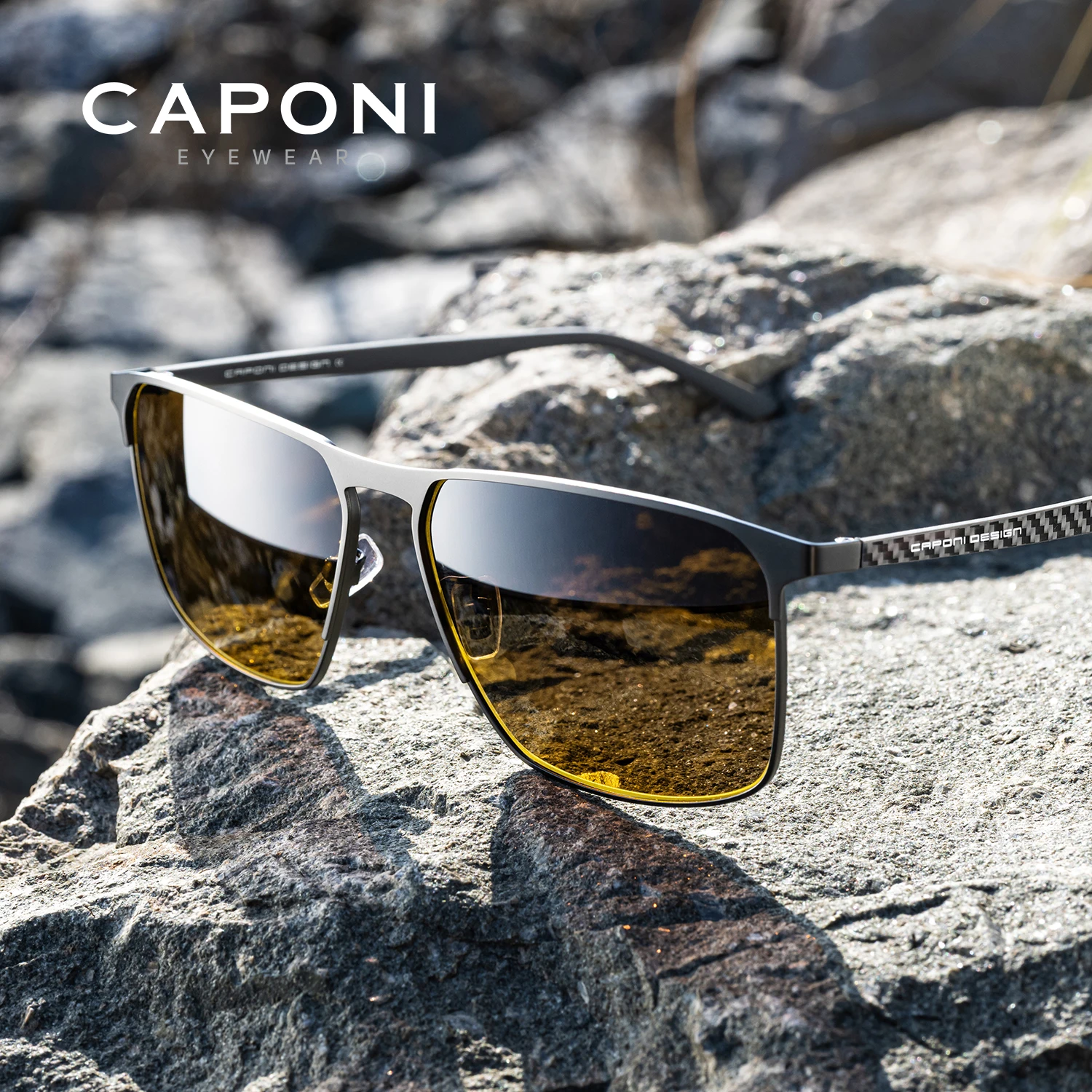 CAPONI Men’s Sunglasses Carbon Fiber Original Brand Design Yellow Glasses Square Night Vision Sun Glasses For Driving BSYS28964