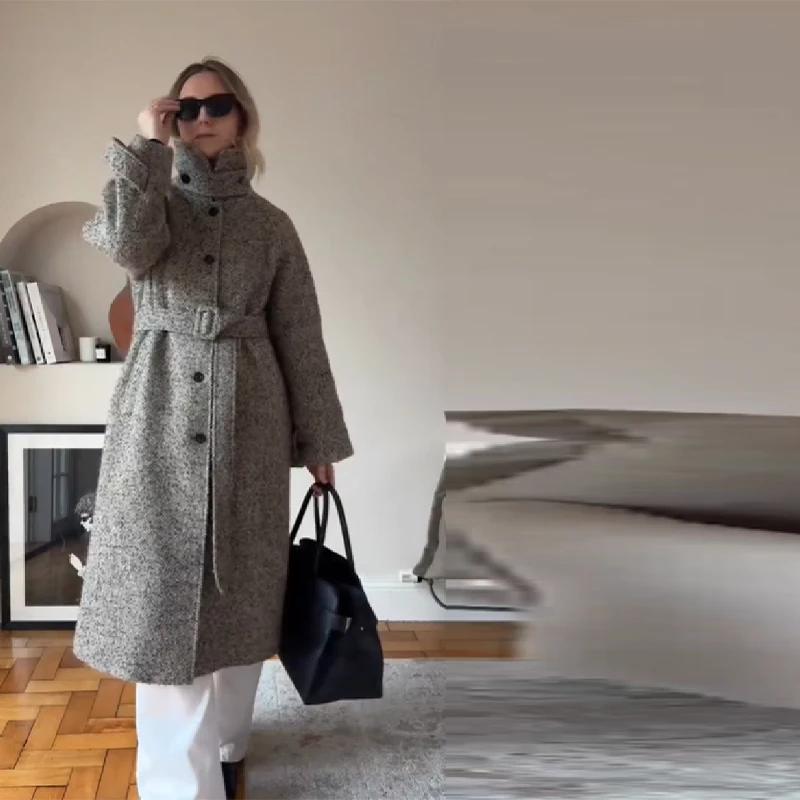 Chic High Neck Vintage Grey Woolen Overcoat For Women Long Sleeve Single Breasted Long Jacket 2025 New Lady Autumn Winter Coats