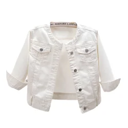 Summer Thin Slim Short White Denim Jacket Women Casual Cowboy Outerwear Pocket O Neck Three Quarter Sleeve Jeans Jacket Female