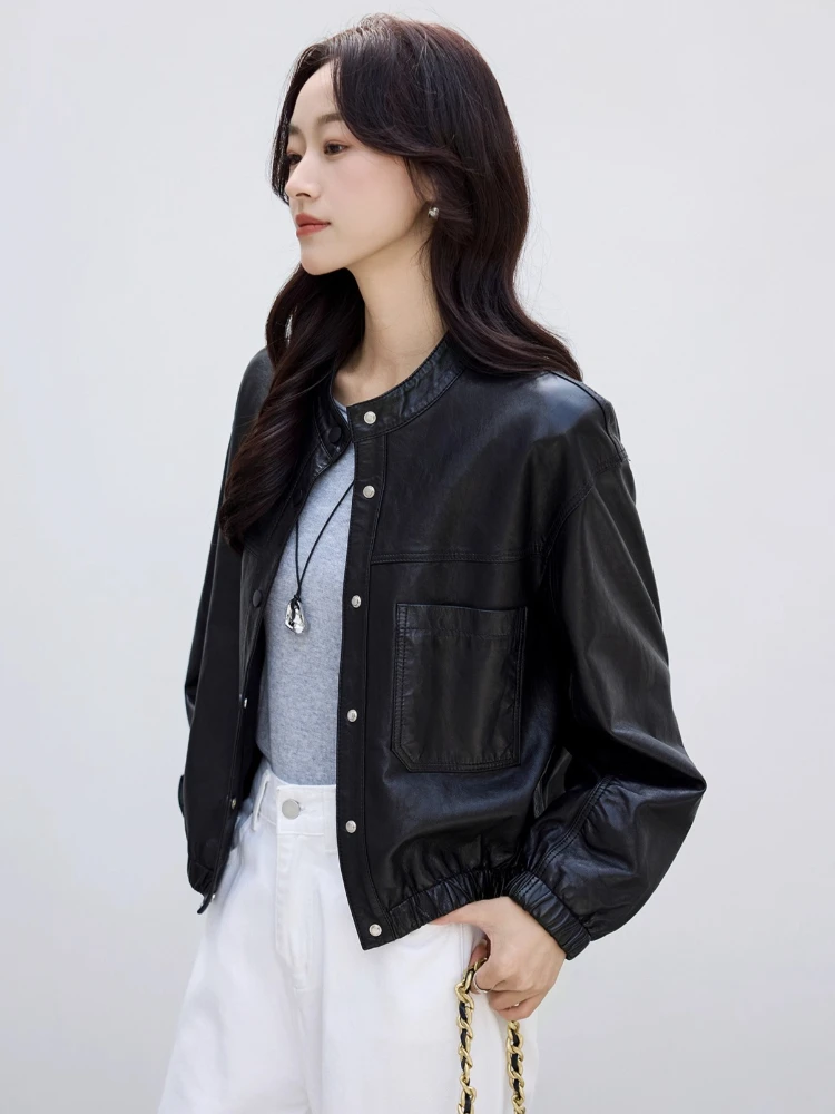 Oネックカジュアル本革ジャケット レディース 春秋 2025 高級 シンプル ソフトオイルワックス ブラック ショート 本革シープスキンコート