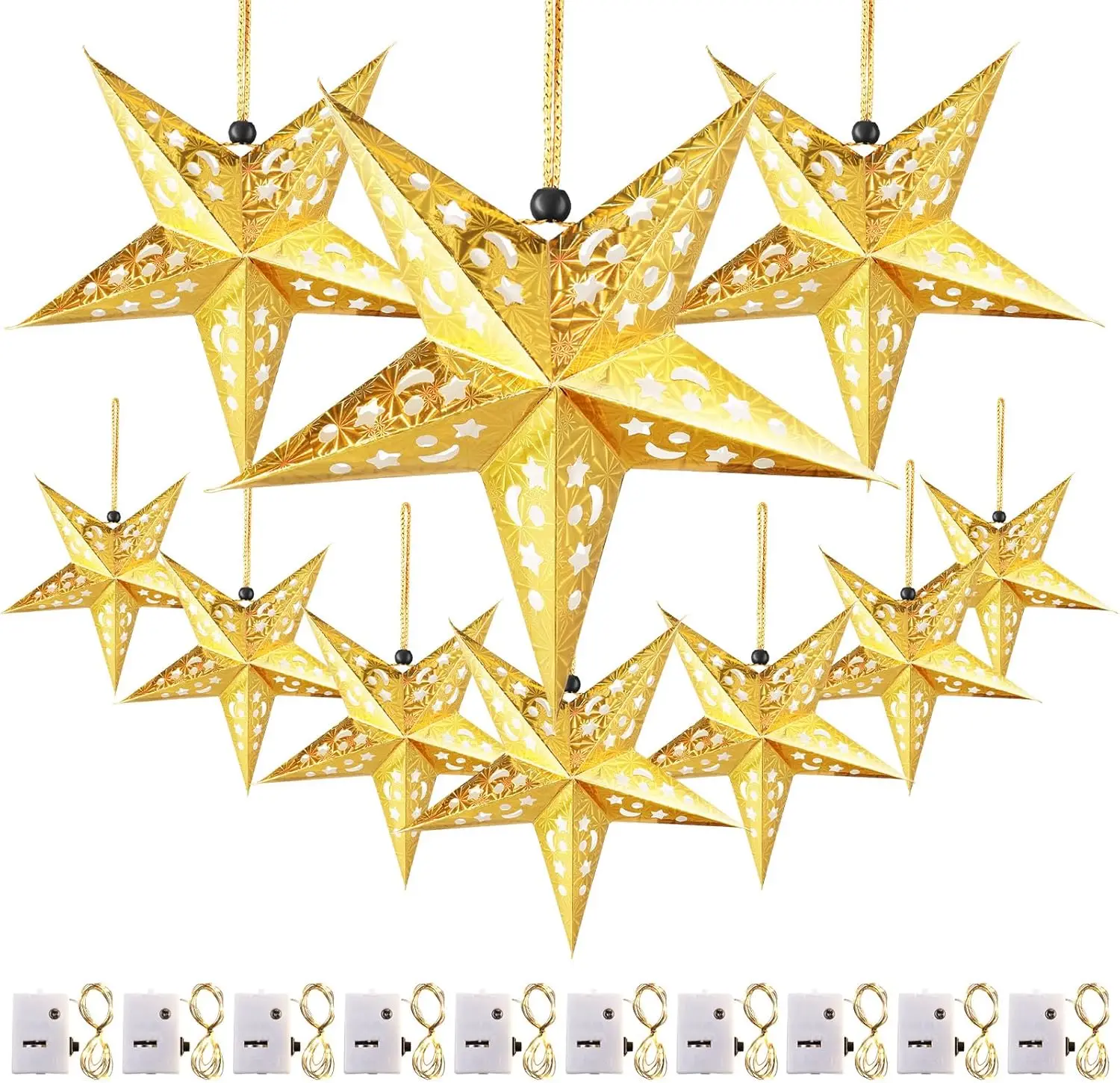 

10 Pcs 3D Gold Paper Star Lanterns with LED Lights - 11.8 Inch Hollow Hanging Decor for Party Wedding Home