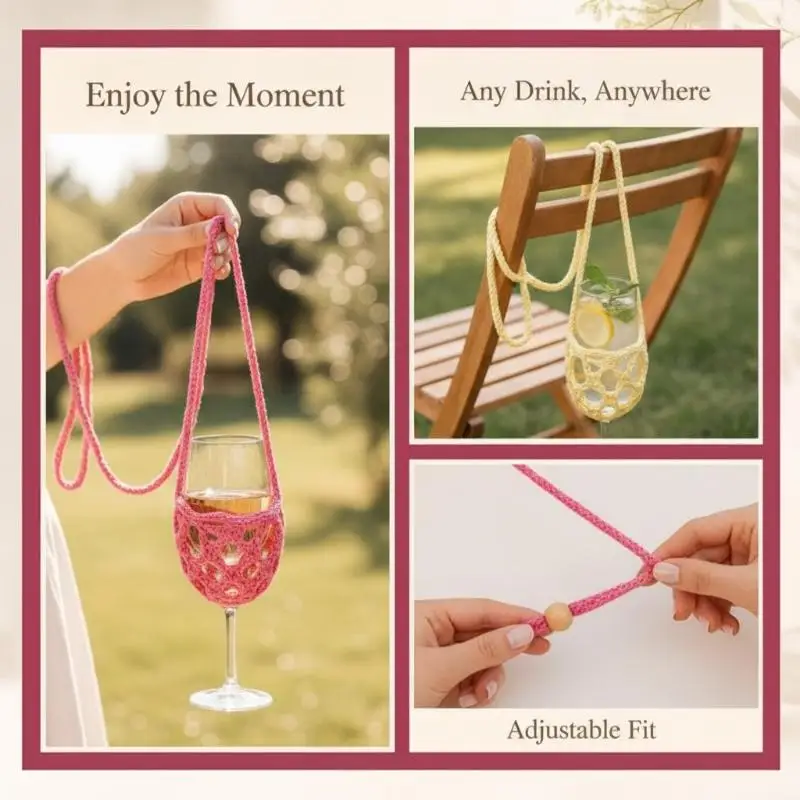 Portable Knitted Crochet Wine Glass Crossbody Holder Hollow Washable Sleeve for Family Backyard Barbecue 1Pcs