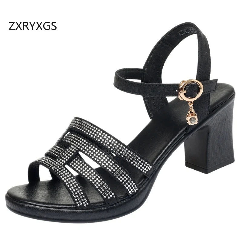 

ZXRYXGS 2025 New Summer Genuine Leasther Rhinestone Sandals Open Toe Women Fashionable Sandals Large Size Heel High 4 / 6 Cm