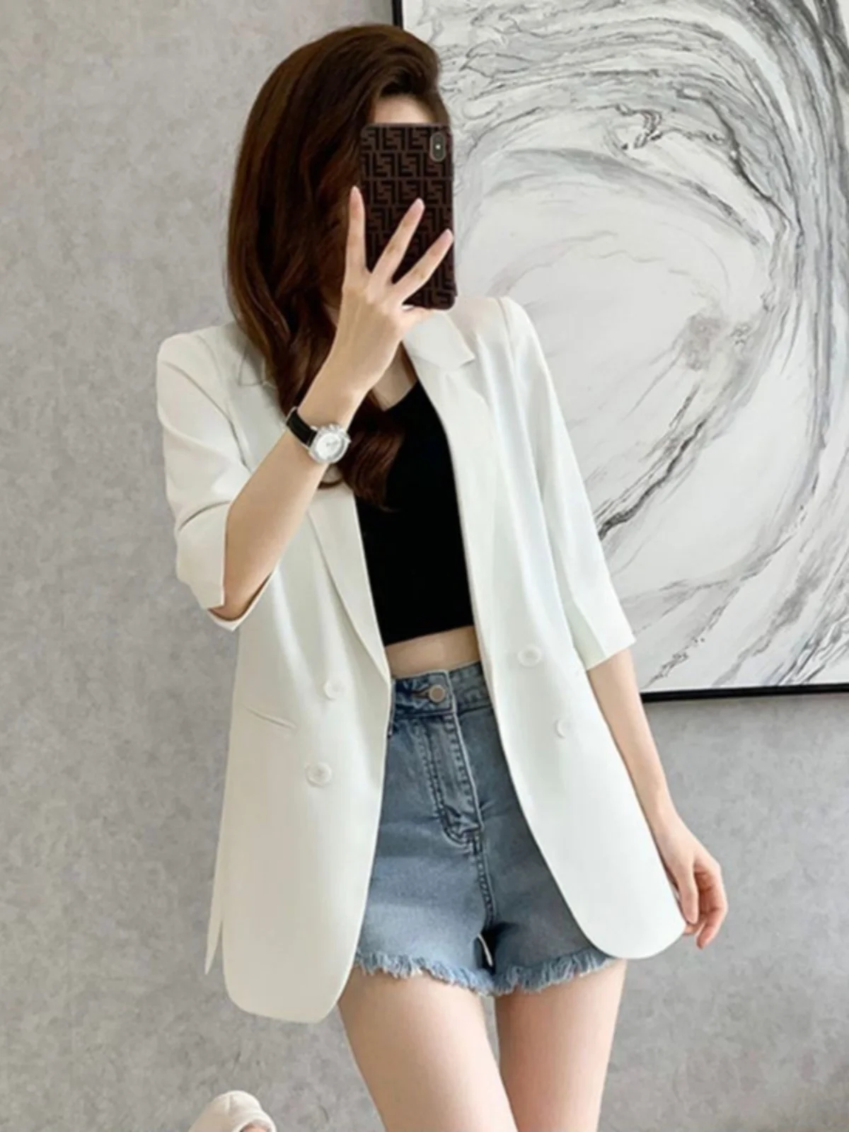 

Casual Mid-Length Thin Suit Jaet for Women Spring Summer New Sle Profional Korean Version Straight Cut Polyester Fabric