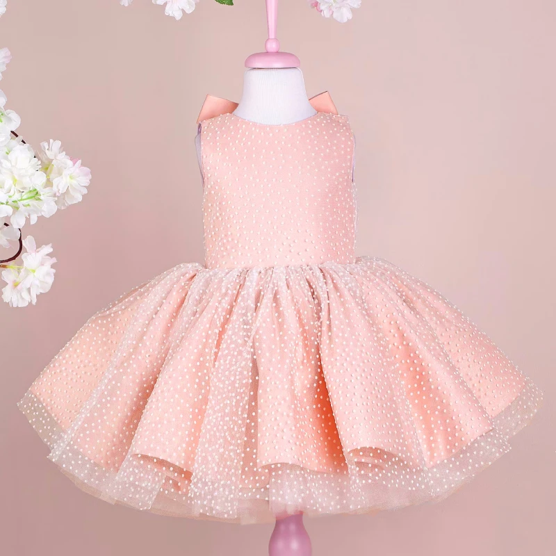 Pink Flower Girl Dresses Satin Polka Dot Skirt With Bow Sleeveless For Wedding Birthday Party Banquet Princess Gowns