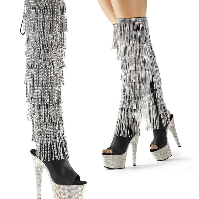 Women's 17cm Extreme High Heel Thigh High Boots Full Crystal Rhinestone Platform Stiletto Tassel Long Boots Runway Clubwear Sexy