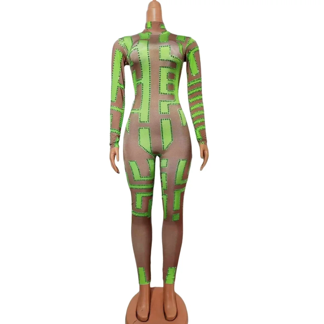 

Women Stretch Rhinestone Dance Jumpsuits Halloween Pole Costume Drag Queen Outfits 2025 New