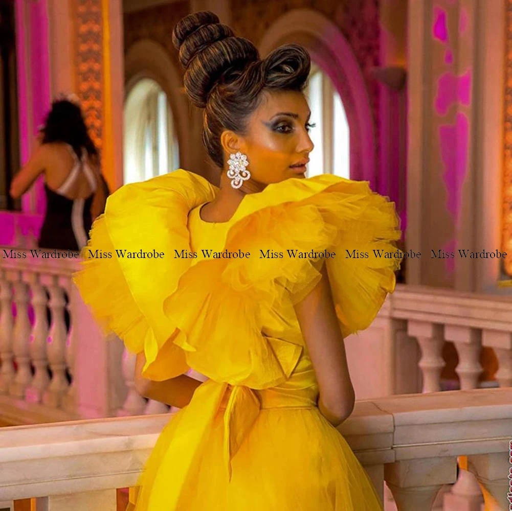 Sexy Tulle Long Prom Gowns Yellow V-neck Puff Party Evening Dresses Tiered Hign Side Split Bow Belt With Crystal Custom Size