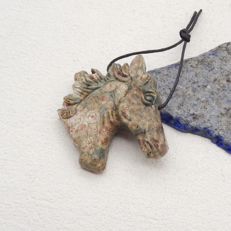 Natural Stone Frog’Eye Carved Horse Head Pendant Bead,Semiprecious Fashion Jewelry, Necklace Accessories,48x47x9mm,21g