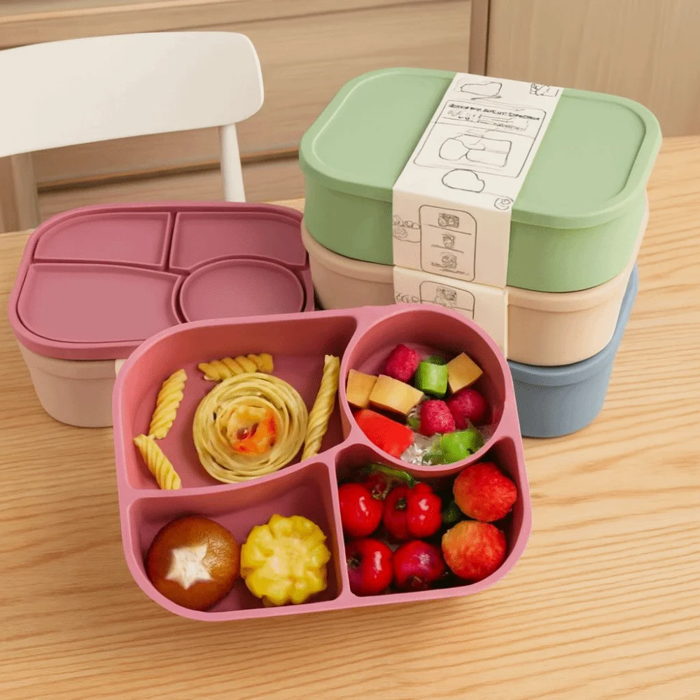 

Rectangular Silicone 4 Grid Lunch Box Heat Resistant With Compartments Food Box Leak Proof Microwavable Fresh-keeping Box School