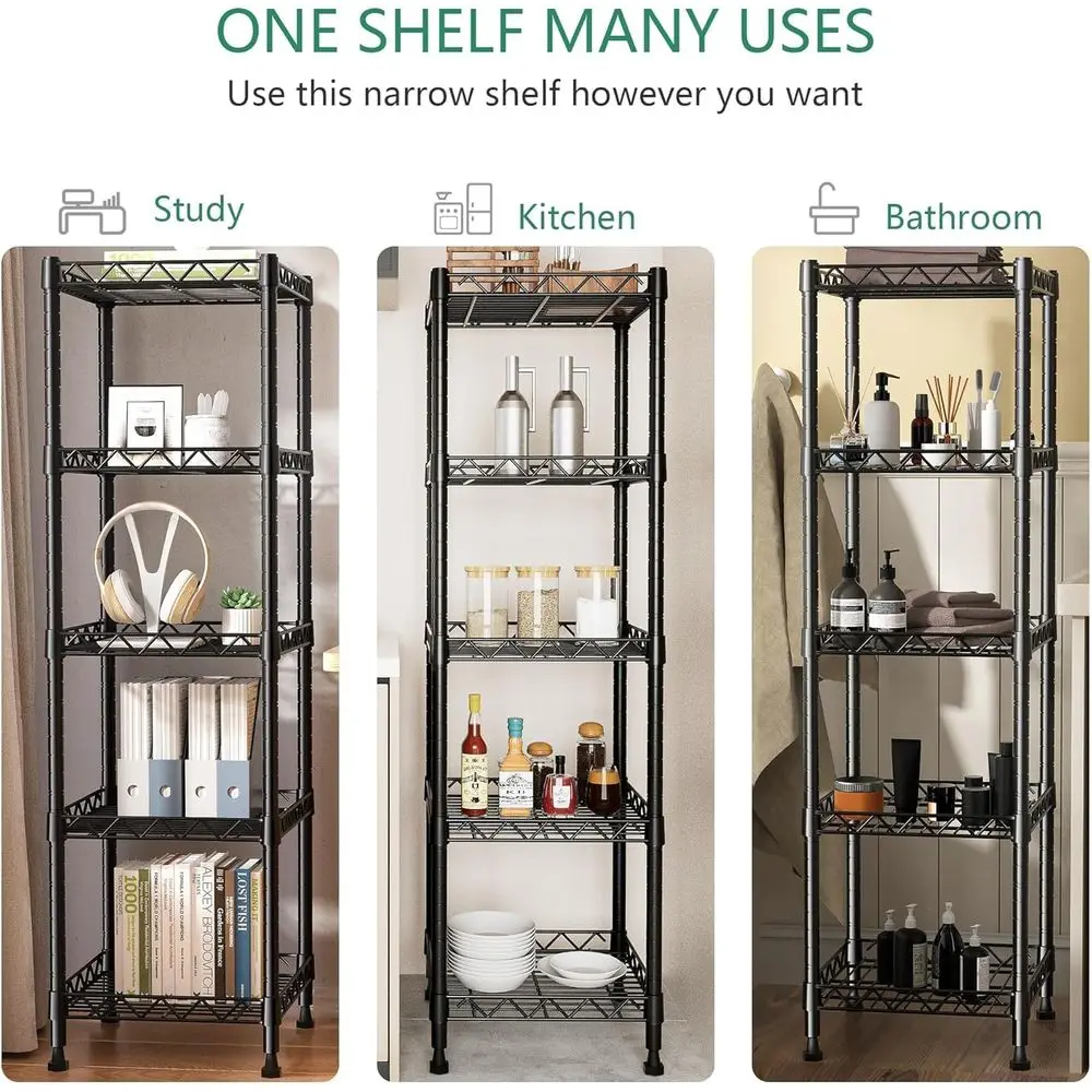 Regulowany regał metalowy z 5 półkami, czarny, do kuchni, pralni i łazienki, 11,8x11,8x50