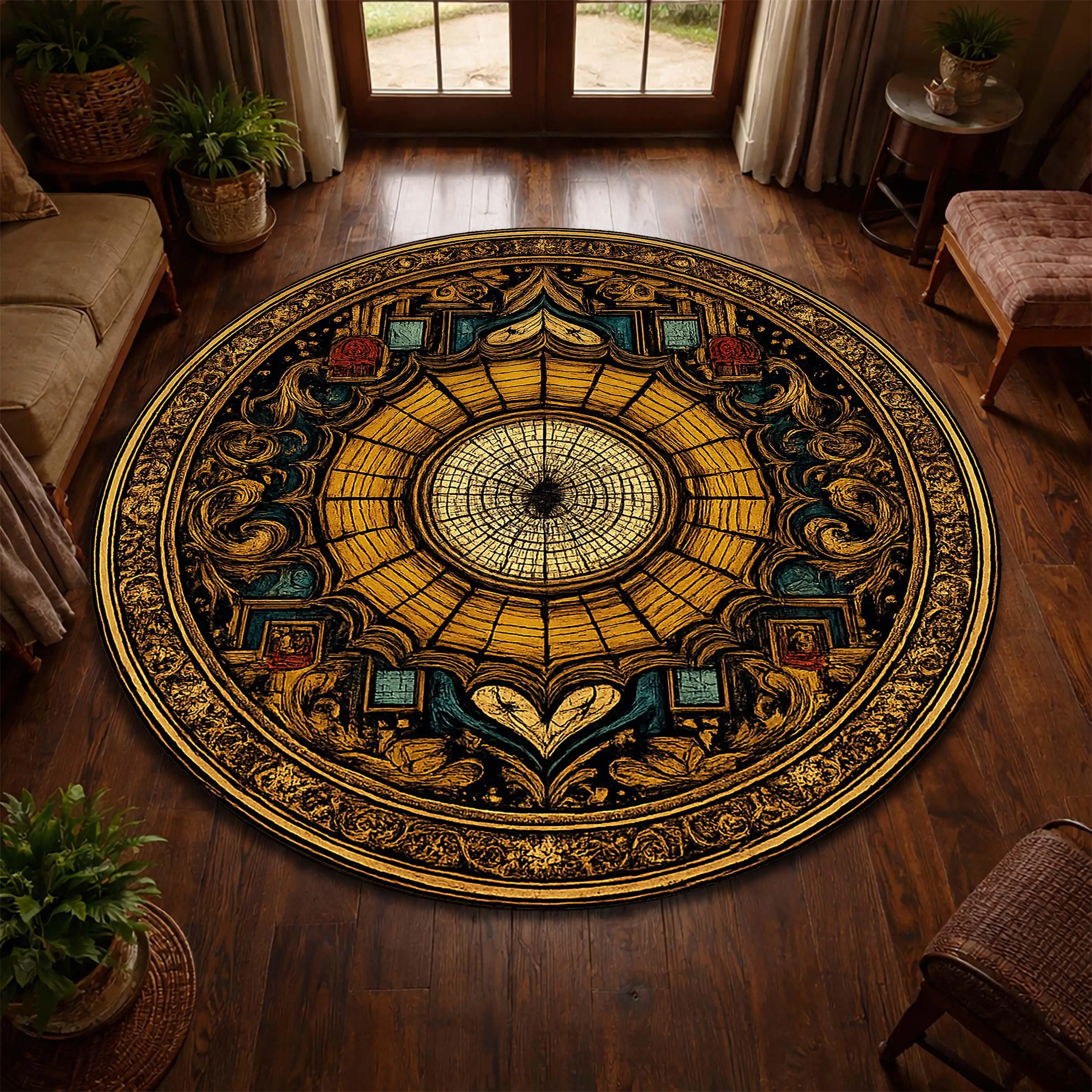 Hexagram Vintage Crimson Rose Floral Frame graphics Circle Rug,Living Room Sofa Chair,Bedroom,Entryway indoor decor  Rug