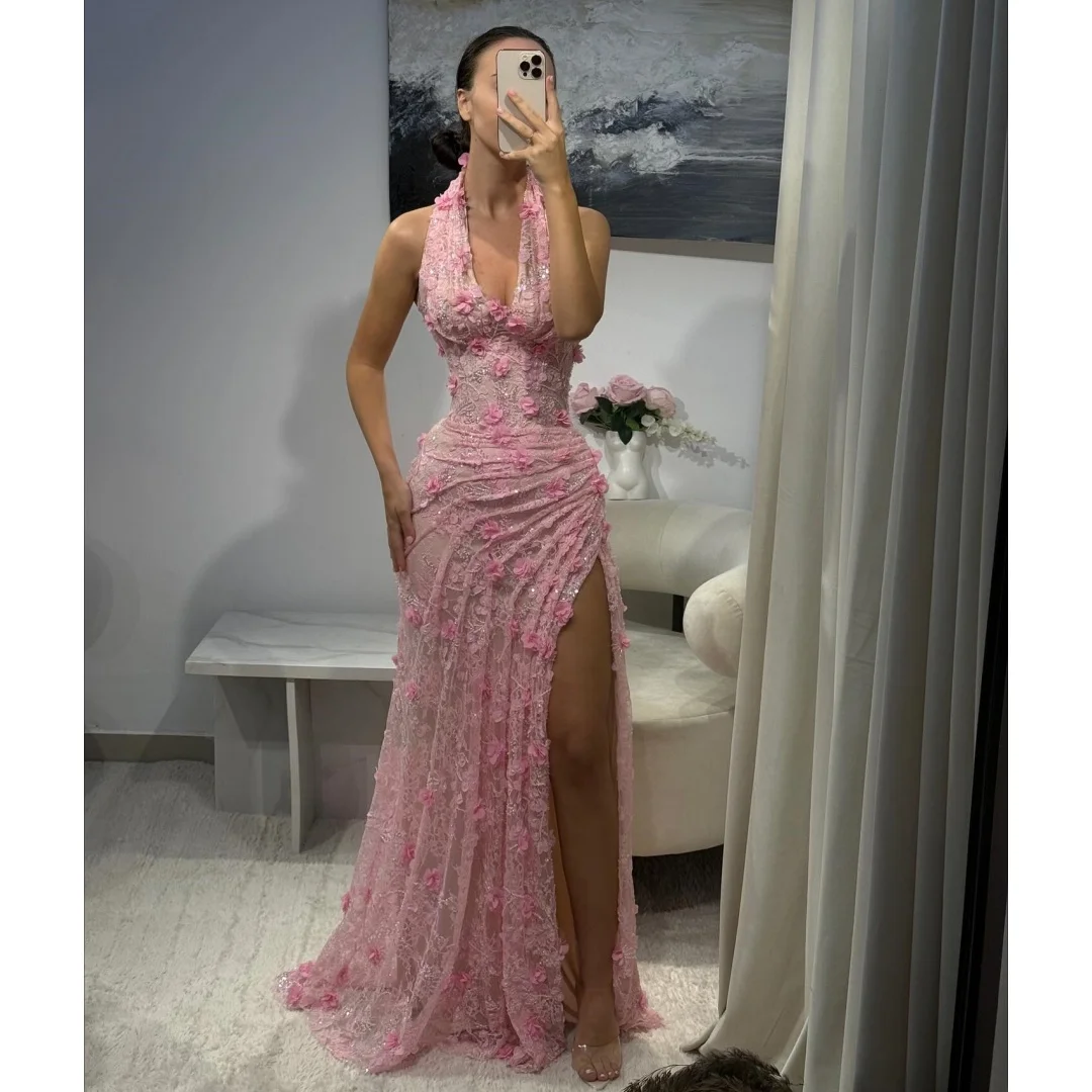 

Pink Evening Dresses 3D Flower Appliques Prom Dress Side Slit Sequined Wedding Party Gown Halter Neck Vestidos Customized