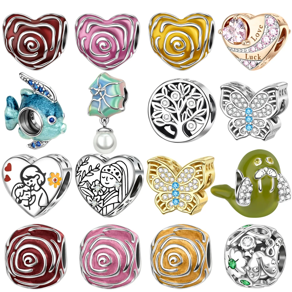 

2025 New Charms 925 Sterling Silver Rose Heart Fish Butterfly Charm Beads Fit Snake Chain Bracelet Necklace Women DIY Jewelry