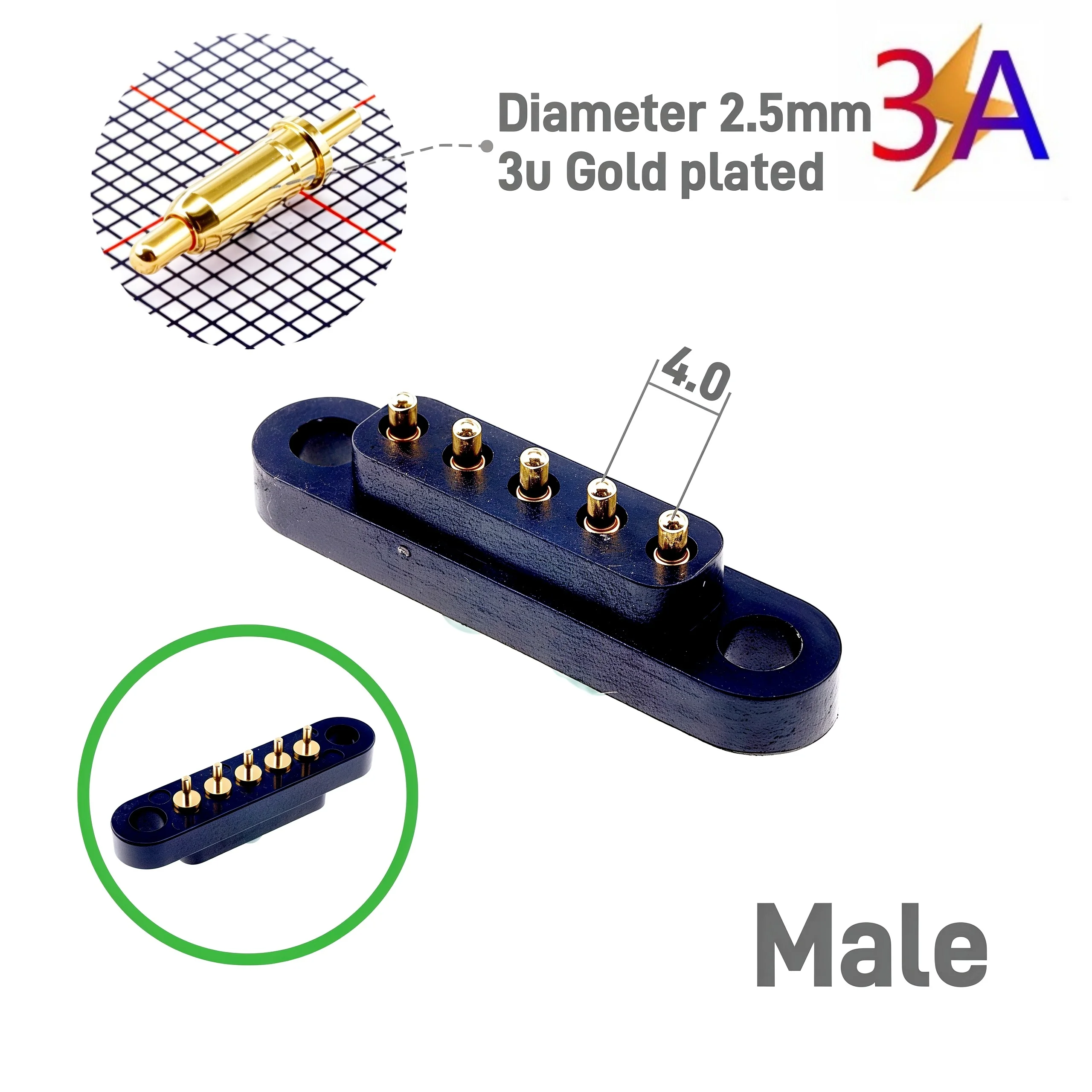 1/3/5 Paar PogoPin-Stecker, 3 A, männlich, weiblich, 4,0 mm Rastermaß, federbelastet, 2, 3, 4, 5-polig, DIP, Durchgangsloch, PCB-Montage, Ohr, vergoldet – Detail 3