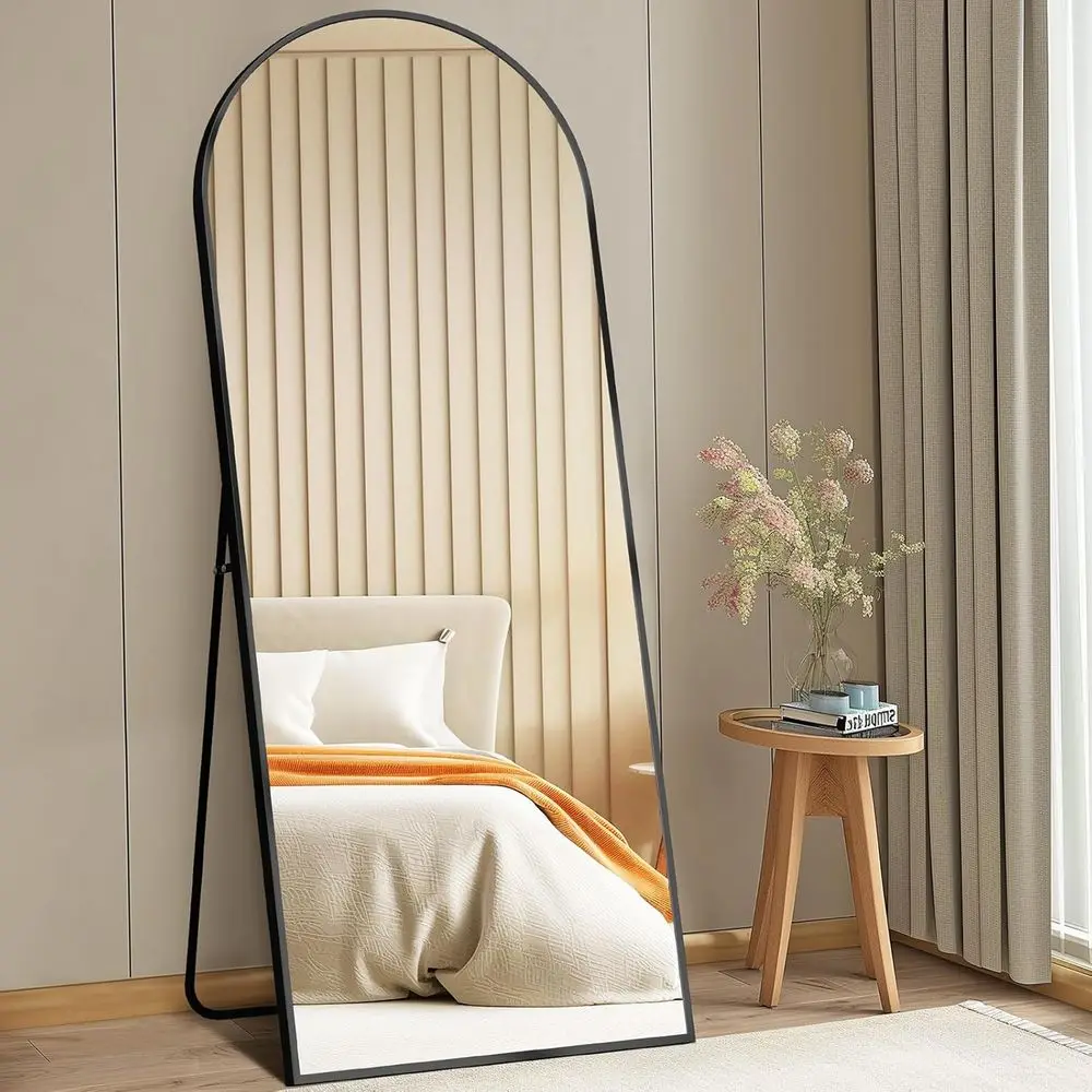 Specchio ad arco da terra, 64x21, struttura in alluminio, per camera da letto, soggiorno e decorazioni per la casa, nano vetro infrangibile, nero