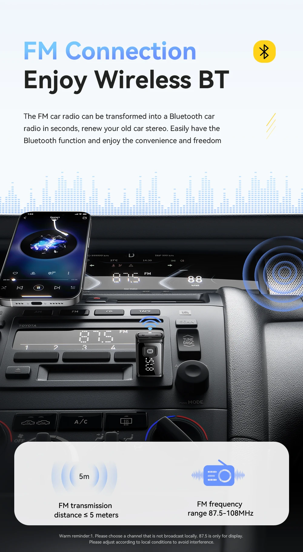 Essager Bluetooth 5.4 Auto-Adapter, kabelloser FM-Transmitter mit automatischem Ein-/Ausschalten, Freisprechanruf, Hi-Fi-Musik-Audioempfänger für Autos – Detail 3