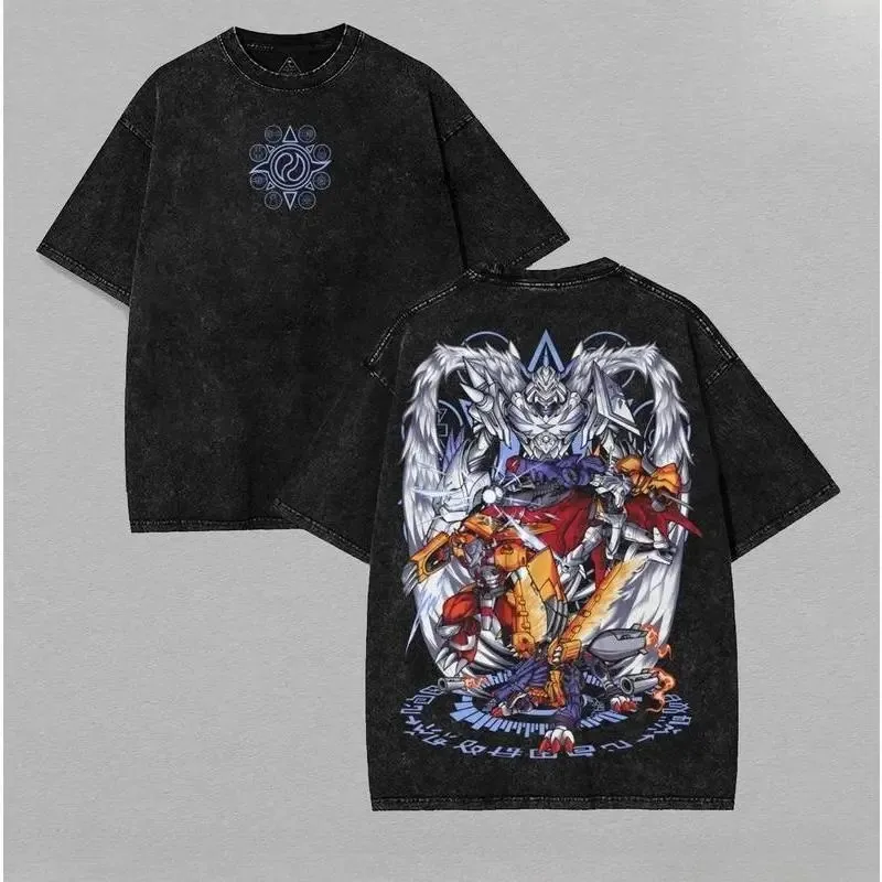Digimon Adventure Omegamon T-shirt Anime Y2k Vintage Washed Oversized Tshirt Men's Clothing Short Sleeve Pure Cotton Tees Tops