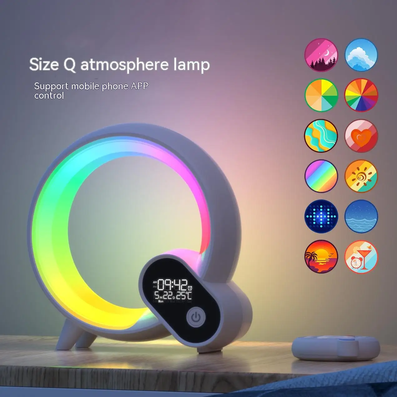 

Q colorful atmosphere light simulates sunrise digital display alarm clock bluetooth audio creative smart wake-up light
