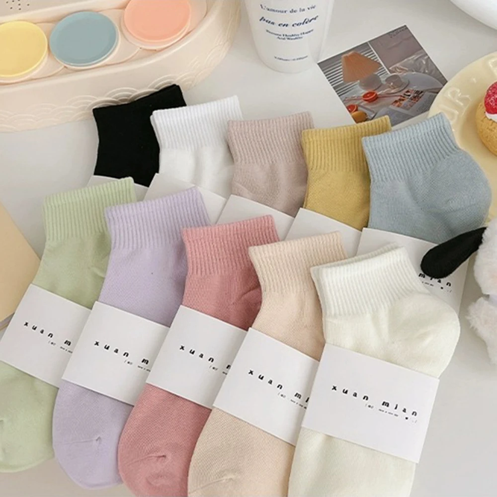 5/10 Pairs Women Macaron Colored Short Socks Fashionable Simple Soft Comfortable Sweat Absorbing Breathable Casual Socks