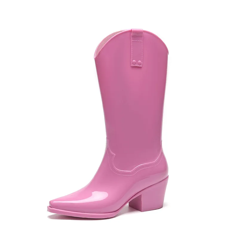 Long Rain Boots Women\'s Fashion High Heel Gunboots H Black Knight Bot Soft Rubber Waterproof Rubber Shoes