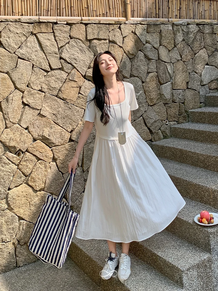 

Женская корейская футболка Maxixe больших размеров, утягивающая, повседневная, средней длины, с А-образным подолом, из смесового хлопка, с коротким рукавом, круглым вырезом