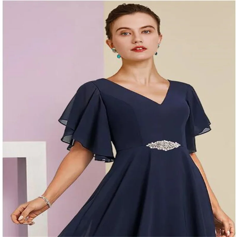 A-Line Mother of the Bride Dress Dark Navy Floor Evening Dress V Neck Tea Length Chiffon Lace Dress for Mom Groom with Appliques