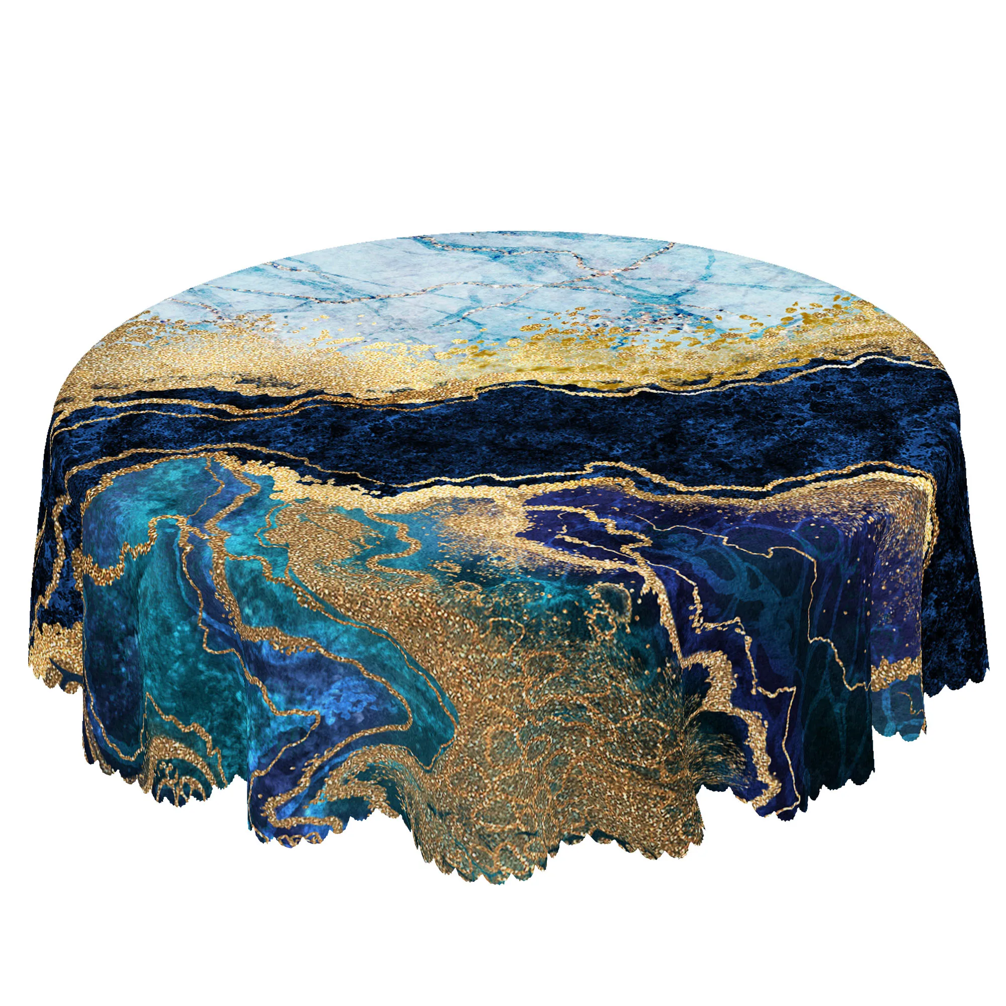 1 Piece of Light Luxury Blue and Gold Patterned Printed Tablecloth in Round and Rectangular Shapes, Available in Various Sizes, with Deep Blue Tones and Gold Texture Interwoven, Featuring Flowing Ink Texture, Classic Blue and Gold Color Contrast Print, with Embossed Edges, Suitable for Home Dining Tables, Balcony Leisure Use, and as a Light Luxury Atmosphere Decoration, Daily Home Decor