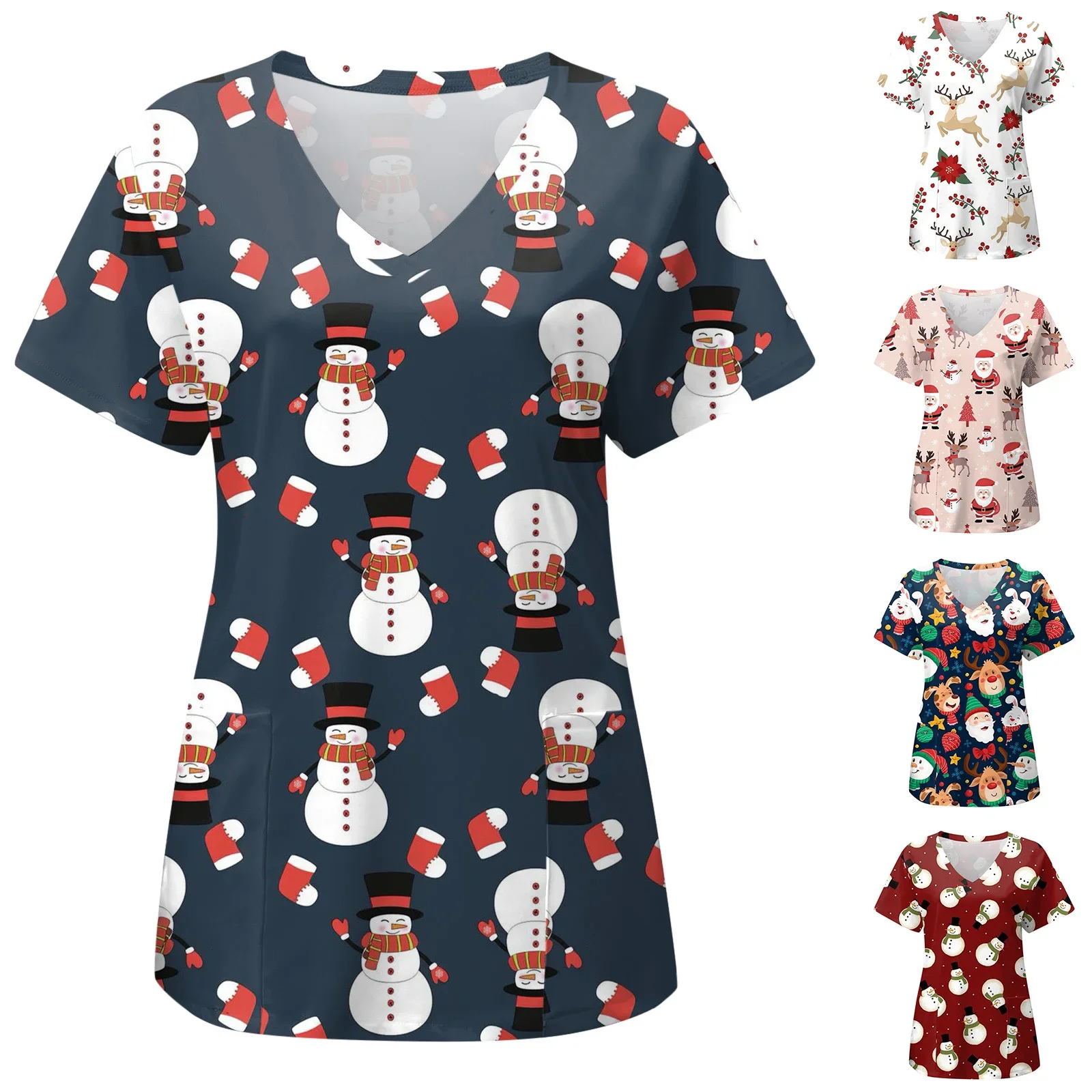 Christmas Nurse Uniform Scrubs Tops Womens Xmas Cartoon Elk Print Short Sleeve Pocket Overalls Uniforms Medical Nursing Blouse