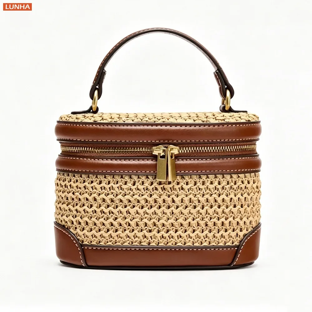 Bolso Bandolera Mini Trenzado para Mujer, Estilo Boho Vintage de Lujo, Bolso de Mano Cilíndrico Trenzado para Verano