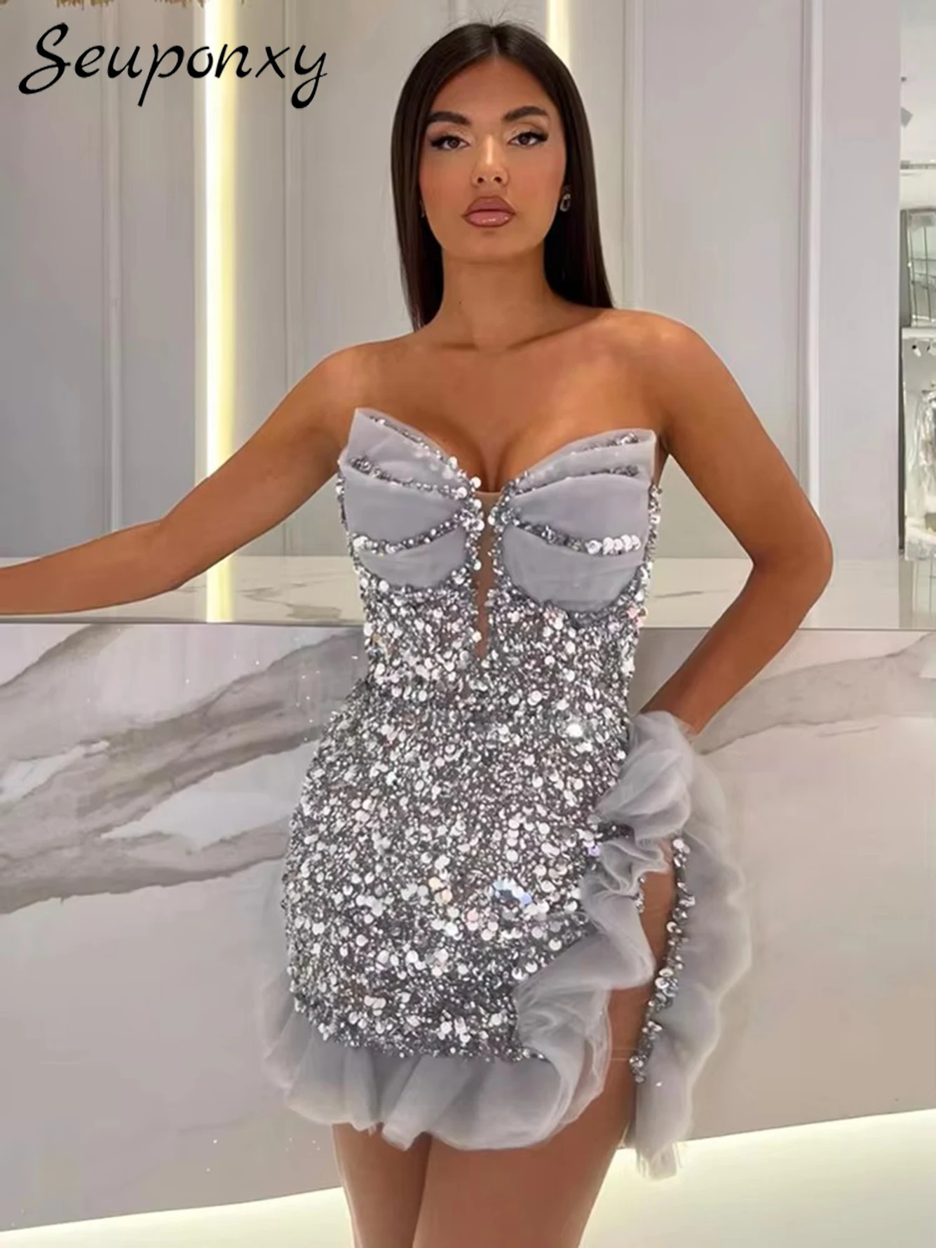 

High Quality Women'S Silver Mini Dress Sexy Strapless Backless Ruffle Edge Luxurious Sequins Elegant Celebrity Party Vestidos