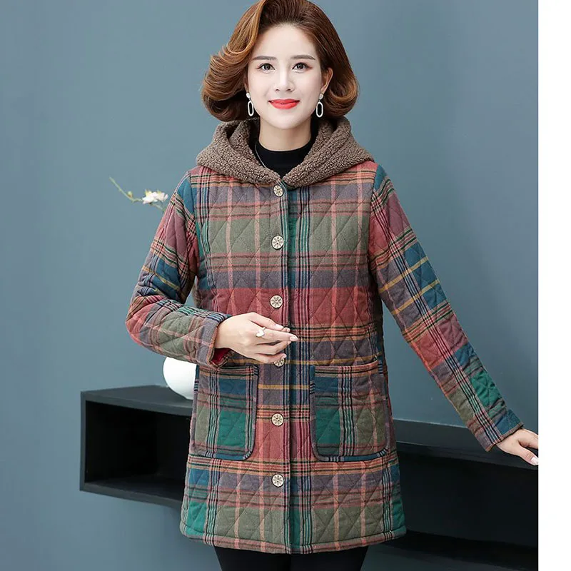 New Middle-Aged Women\'s Thick Warm Down Cotton Coat Long Autumn Winter Padded Jacket Female Grid Casual Hooded Parker Overcoat